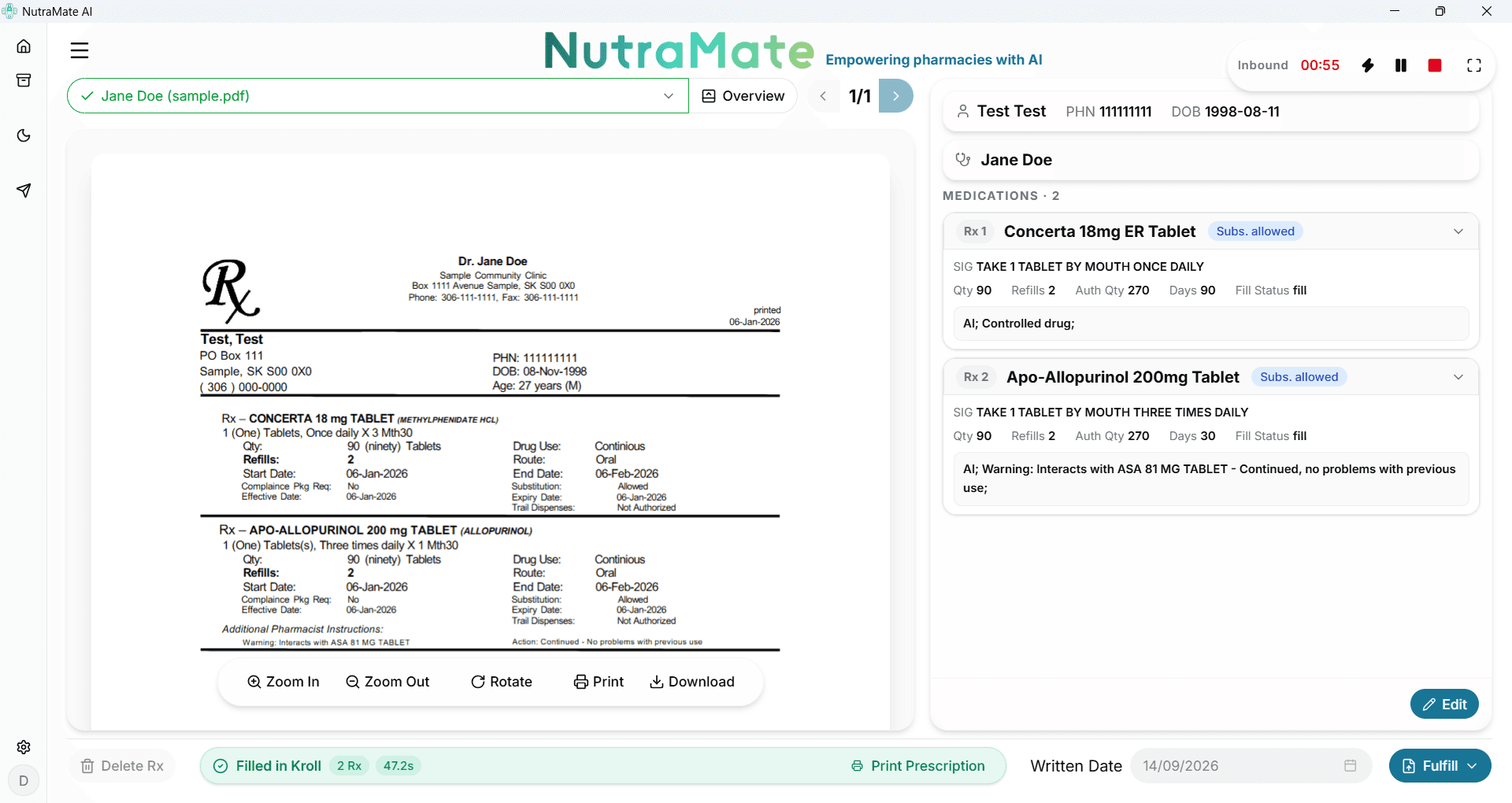 The NutraMate app filling a two-drug prescription into TELUS Kroll