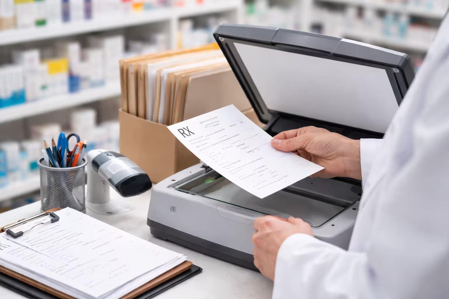 Pharmacy staff scanning a paper prescription