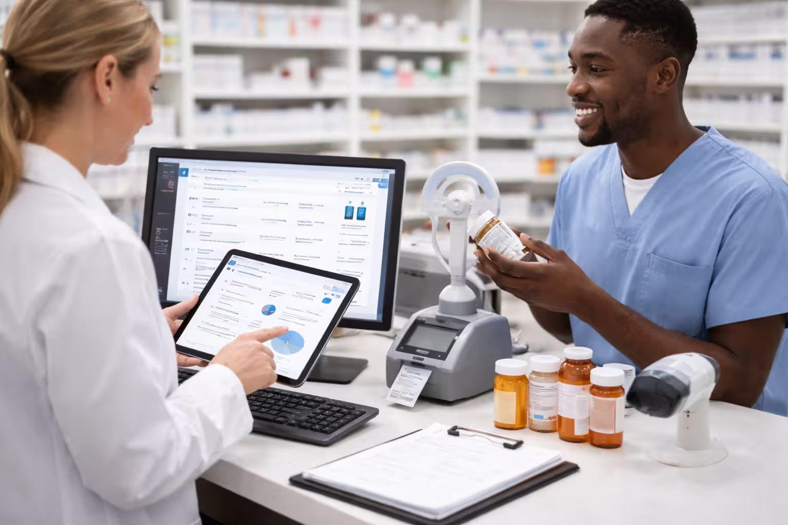 A pharmacist and technician reviewing an order on a tablet at the dispensary counter